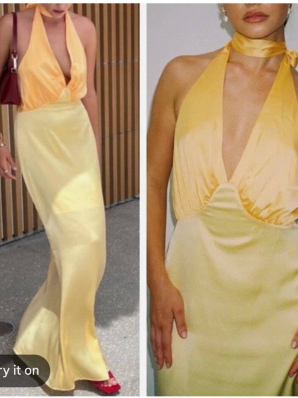 NWT THE WOLF GANG Oahu Butter yellow Slip satin maxi halter neck tie Dress sz XL